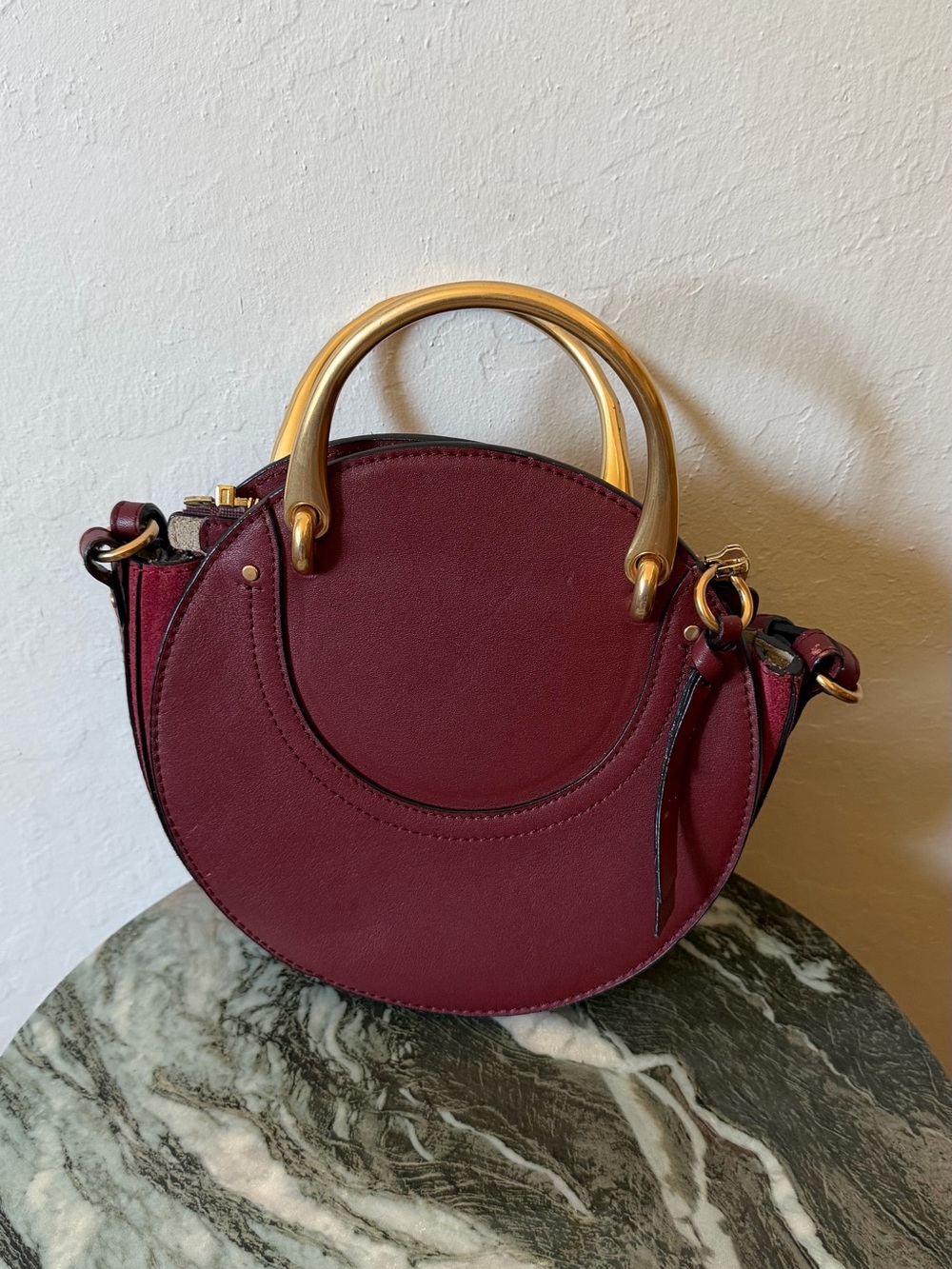 Wine Red Leather Circle Crossbody Bag with Gold Handles - Picture 2 of 7
